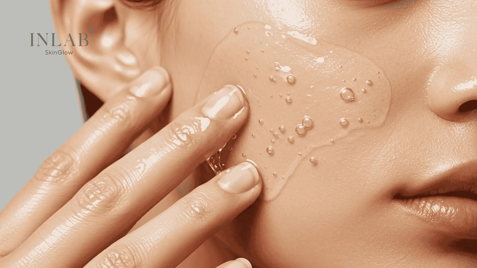 A close-up of a hand gently touching smooth, glowing skin after using a Bi-Phase Cleanser.